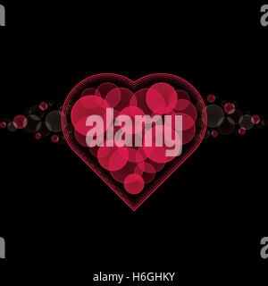 Black Valentine's day card background with red heart of bokeh circles. Stock Vector