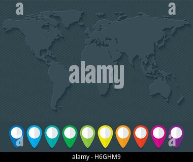 Blank world map and set of colorful map pointers Stock Vector