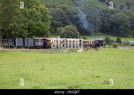 Special vintage mixed double headed train at Golfa on the Welshpool and Llanfair Railway, Wales Stock Photo