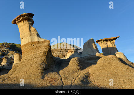 Geological formations known as 'hoodoos'; the result of erosion. Drumheller, Alberta, Canada. Stock Photo