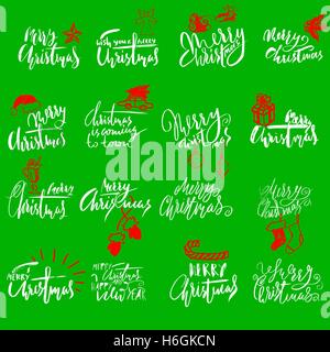 Merry Christmas handwritten lettering. Typographic emblems set. Vector logo, text design. Usable for banners, greeting cards, gifts, labels. Stock Vector