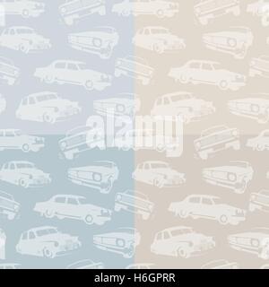 Isolated abstract white color retro cars on the blue and pink background pattern. Automobiles backdrop. Kids wallpaper. Vector illustration. Stock Vector