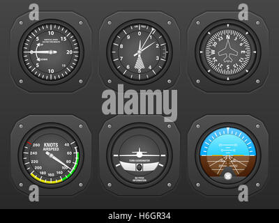 Flight instrument on a black dashboard. Stock Photo