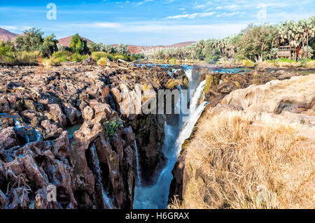 View of Epupa falls on the border of Namibia and Angola. The falls are created by the Kunene River in the Kaokoland area. Stock Photo