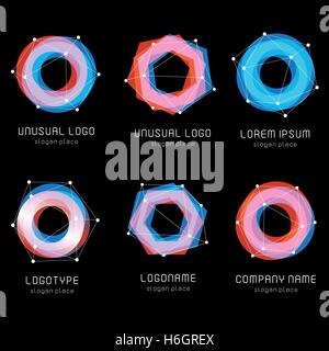 Unusual abstract geometric shapes. Vector logo set. Polygonal colorful logotypes collection on the black background. Stock Vector