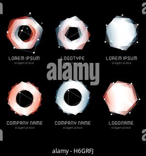 Unusual abstract geometric shapes. Vector logo set. Polygonal colorful logotypes collection on the black background. Stock Vector