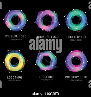 Unusual abstract geometric shapes. Vector logo set. Polygonal colorful logotypes collection on the black background. Stock Vector