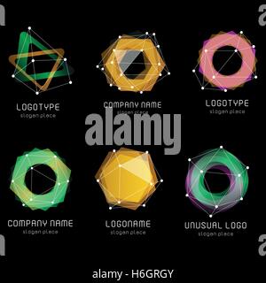 Unusual abstract geometric shapes. Vector logo set. Polygonal colorful logotypes collection on the black background. Stock Vector