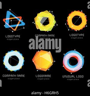 Unusual abstract geometric shapes. Vector logo set. Polygonal colorful logotypes collection on the black background. Stock Vector