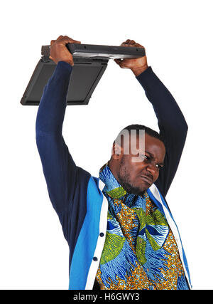 A angry black man throwing his laptop over his head, for white background. Stock Photo