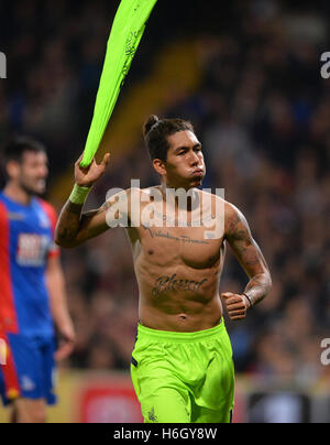 Liverpool's Roberto Firmino celebrates scoring his side's fourth goal during the Premier League match at Selhurst Park, London. Stock Photo