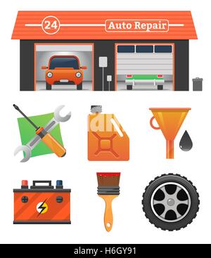 Auto repair icons set Vector garage concept. Car tuning, gas station, oil, auto repair, battery charging, autocorrect, car paint Stock Vector