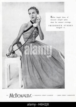 1950s advertising advert from original old vintage English magazine dated 1953 advertisement for ladies summer fashion by Frederick Starke from McDonalds of Glasgow & Harrogate Stock Photo