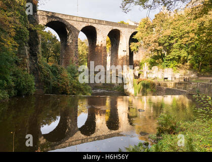 The Union road and packhorse bridges, over the river Goyt, New Mills, Derbyshire, England, UK Stock Photo