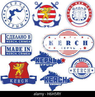 Kerch, Crimea. Set of generic stamps and signs including elements of Kerch city coat of arms and location of the city on Crimea Stock Photo