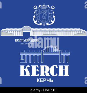Silhouette of the Krymskiy (Kerch Strait) bridge from Taman, Russia, to Kerch, Crimea, with the Kerch city coat of arms and the Stock Photo
