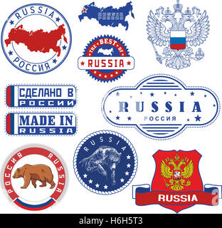 Russia. Set of generic stamps and signs including elements of Russian coat of arms with double head, Russia outline map, bears a Stock Photo