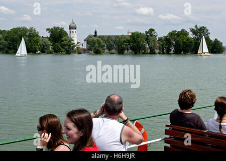 View to the Fraueninsel ( Island ) from a ferry boat, Chiemsee Chiemgau, Upper Bavaria Germany Europe Stock Photo