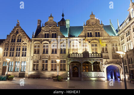 Town Hall with Renaissance loggia, twilight, Veurne, West Flanders, Flanders, Belgium Stock Photo