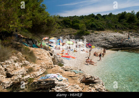 Bay on the coast, holiday-makers, Cape Kamenjak protected landscape, Istria, Croatia, Europe Stock Photo