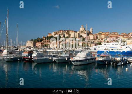 Port in front of historic town, Porto Maurizio, Imperia, Riviera, Liguria, Italy, Europe Stock Photo