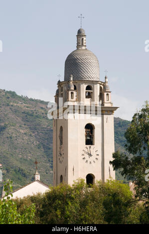 Bell tower of the parish church of Sant Antonio Abate, mountain village of Dolceacqua, Nervia Valley, Riviera, Liguria, Italy Stock Photo