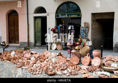 Pottery vessels in front of a souvenir shop, mountain village Dolceacqua in the Nervia Valley, Riviera, Liguria, Italy, Europe Stock Photo