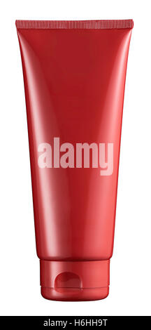 Unlabeled red plastic tube for beauty products with copy space for your branding isolated on white Stock Photo