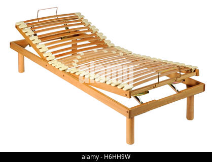 Wooden orthopedic net on an adjustable wood bed frame isolated on white in a three quarter view Stock Photo