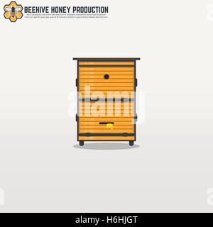 Yellow wooden modern frame beehive with honey. Flat thick line and black outline flat style illustration. For honey production. Stock Vector