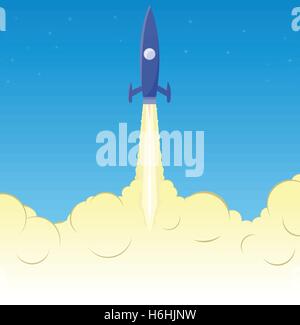Blue rocket take off and flying up through the exhaust smoke to stars. Stock Vector