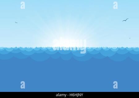 Blue horizon ocean view with rising sun, simple waves and seagulls. Stock Vector