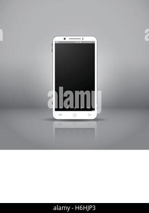 White mobile smartphone with touchpad and os interface, in showroom. Stock Vector