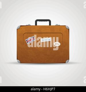 Vector illustration of vintage trevel suitcase with stickers, isolated on tge white. Stock Vector
