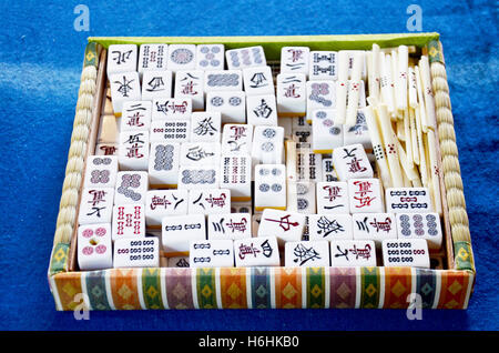 Gambling cards game Chinese style called Mahjong game in box Stock Photo
