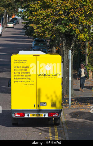 Back of Ocado delivery van, Ocado delivery truck, stopped in street to deliver home groceries at Bournemouth, Dorset UK in October Stock Photo