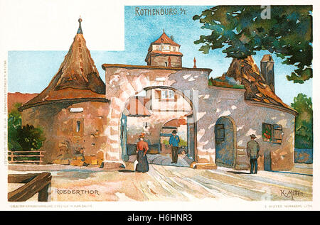 Edwardian era postcard of the Roder Gate in Rothenburg ob der Tauber in Germany Stock Photo