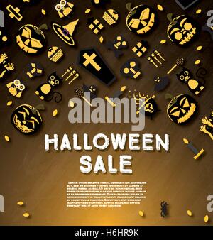 Halloween sale banner with pumpkin, leaves and other traditional Elements of Holiday. Stock Vector