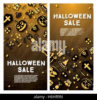 Halloween sale banner with pumpkin, leaves and other traditional Elements of Holiday. Vector illustration. Stock Vector