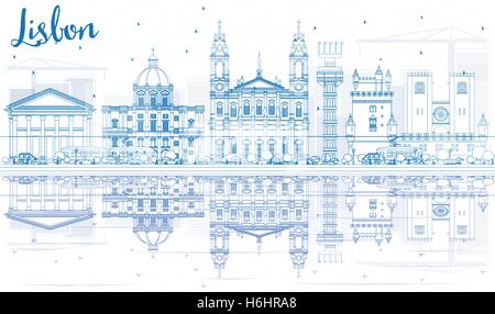 Outline Lisbon Skyline with Blue Buildings and Reflections. Vector Illustration. Business Travel and Tourism Concept Stock Vector