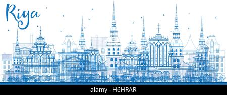 Outline Riga Skyline with Blue Landmarks. Vector Illustration. Business Travel and Tourism Concept with Historic Architecture. Stock Vector