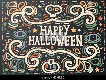 Happy Halloween Lettering. Hand Drawn Vintage Print with Curly Ornament. Vintage Background. Isolated on Black.