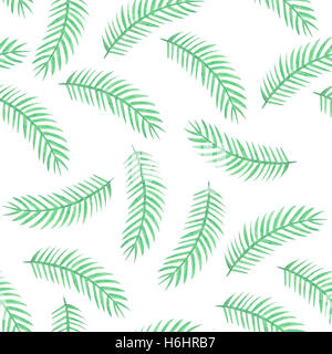 Tropical watercolor seamless pattern with green palm leaves on a white ...