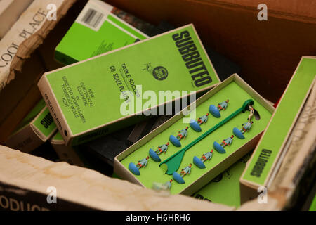 Boxes of old Subbuteo teams pictured found in storage and opened in Leeds, West Yorkshire, UK. Stock Photo