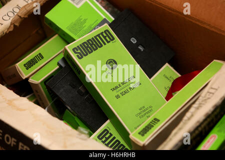 Boxes of old Subbuteo teams pictured found in storage and opened in Leeds, West Yorkshire, UK. Stock Photo