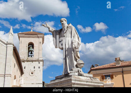 View of San Benedetto Statue in Norcia main square Stock Photo