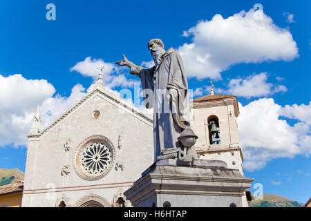 View of San Benedetto Statue in Norcia main square Stock Photo