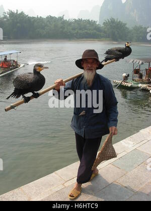 Old chinese fisherman with two cormorants nearby Li river in Yangshuo, Guangxi province, China Stock Photo