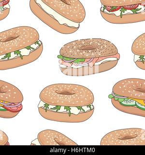 Hand drawn various fresh bagel sandwiches vector seamless pattern. Bagels with cream cheese, lox, vegetables. Stock Vector