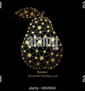 Gold vector pear made of connected dots on black background. Stock Vector